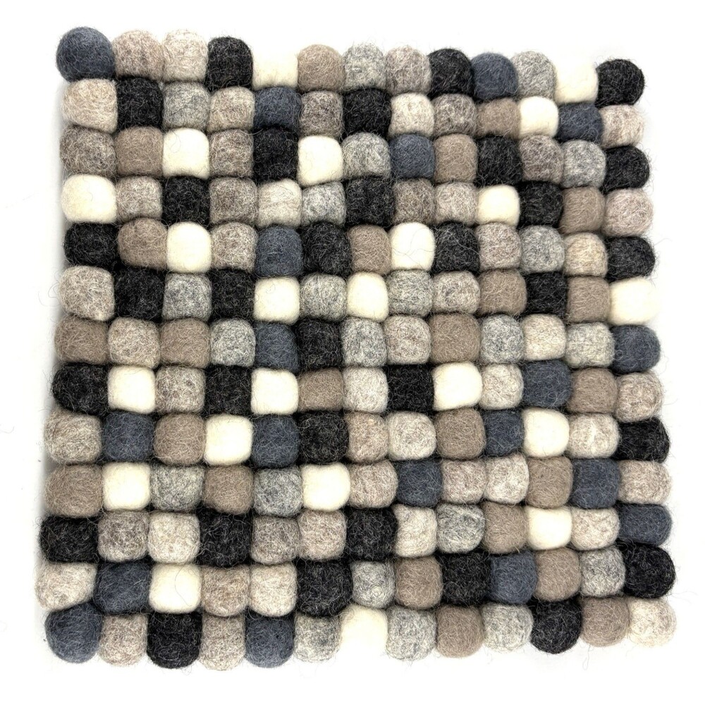 Handmade wool Felt Ball neutral/gray/black square mat, coaster, hot pad - 8.5"